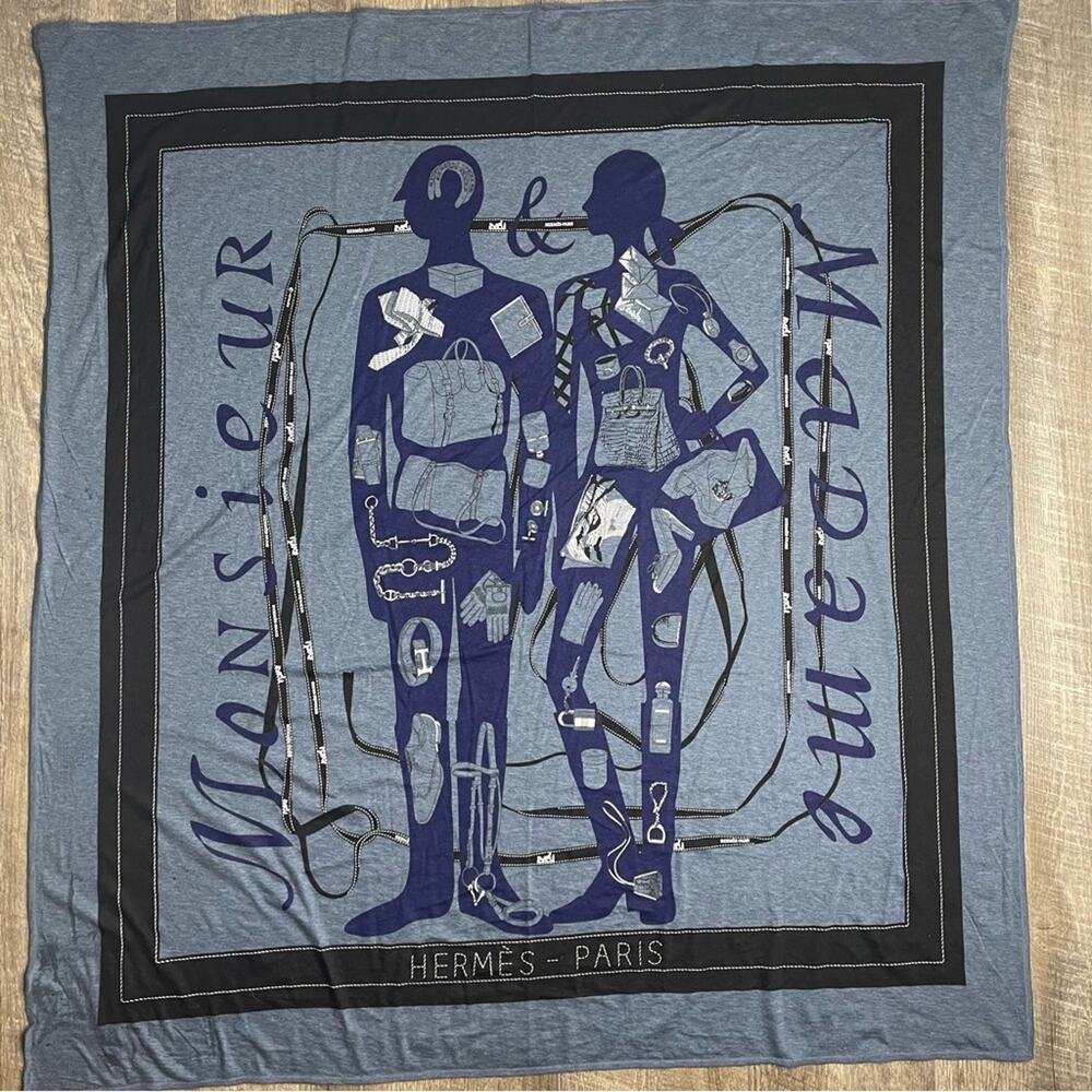 Hermes Madame and Monsieur Navy Blue Cotton Oversized Scarf